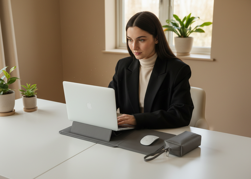Femme avec housse laptop - traits naturels